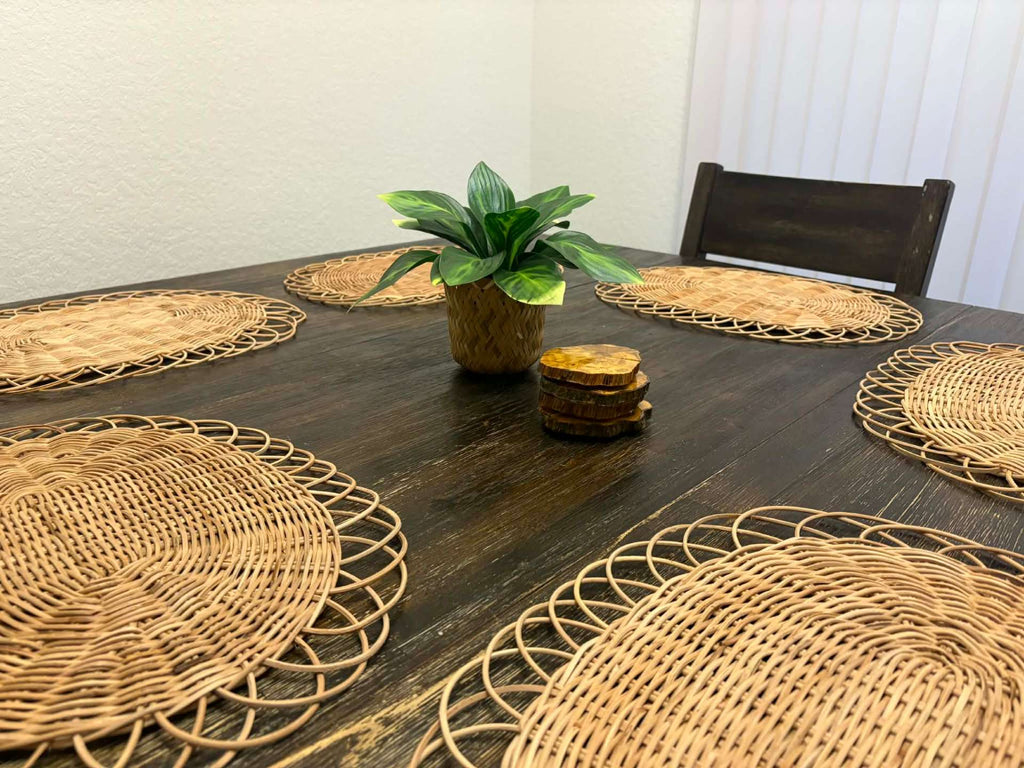 Live edge coasters styled on a dining table